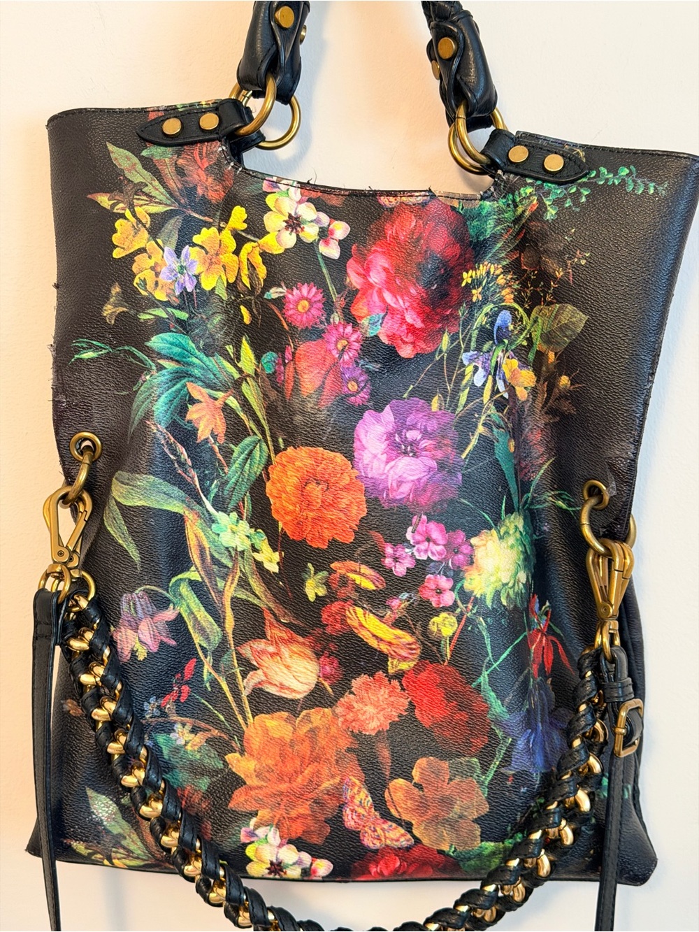 Elliott Lucca Black Floral Shoulder Tote with Gold Hardware